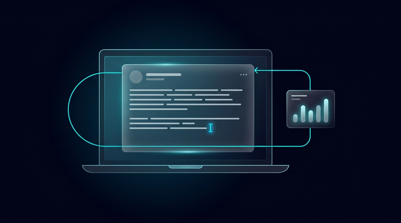 AI writing a LinkedIn post on a glowing laptop screen with a feedback loop flowing into analytics panel on dark navy background