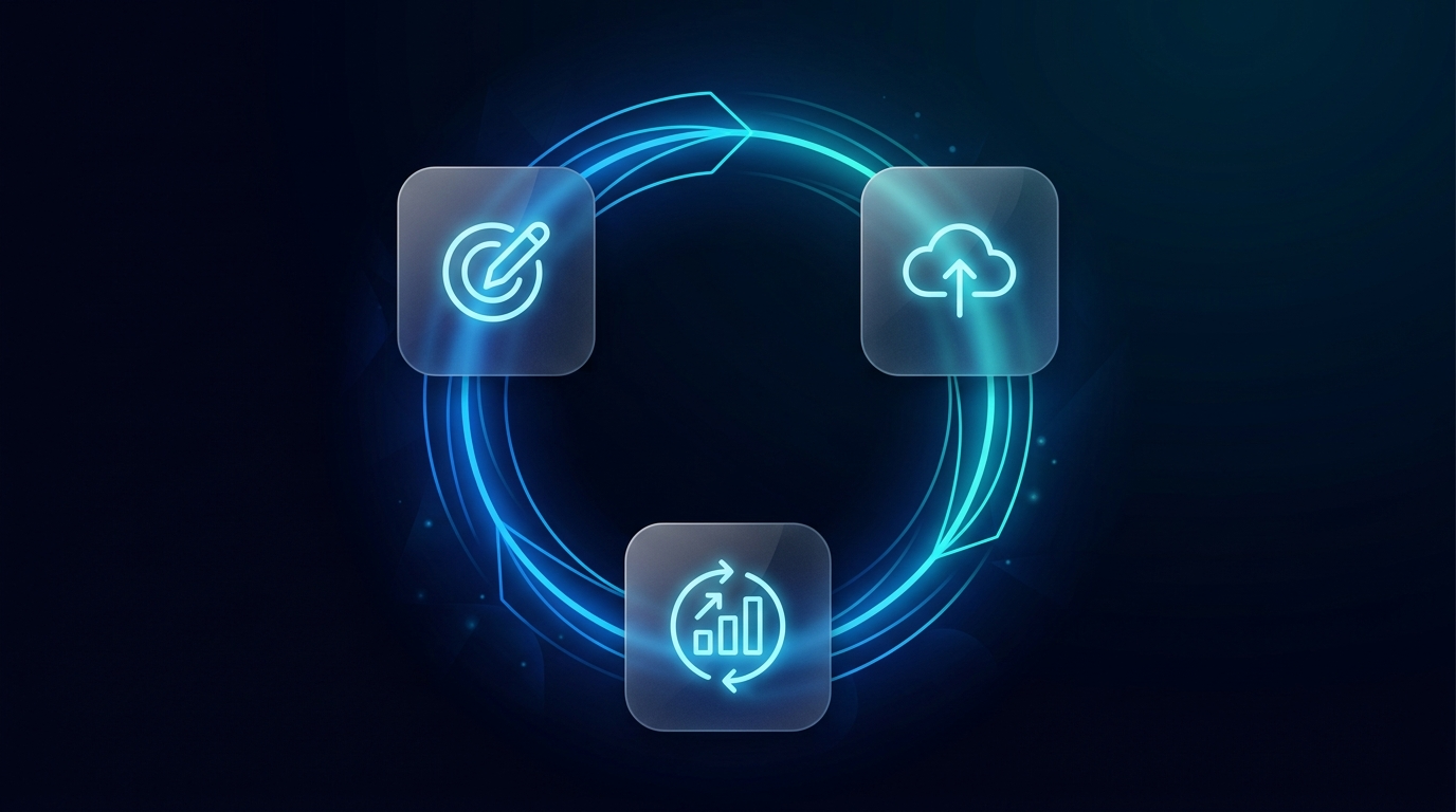 Circular growth loop diagram with three glowing nodes for content generation, publishing, and feedback connected by electric blue lines on dark navy background
