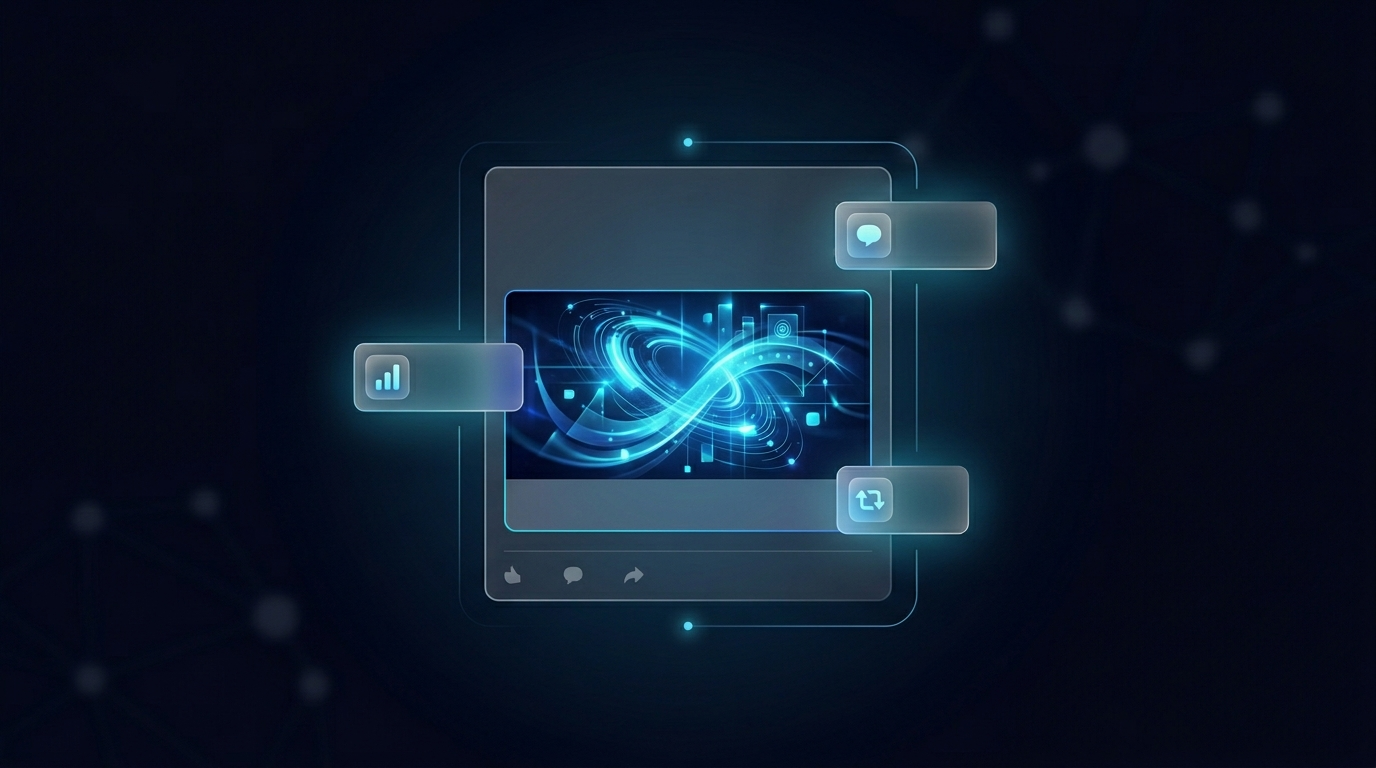LinkedIn post card with AI-generated image and floating performance metrics displayed as glassmorphism chips on dark navy background