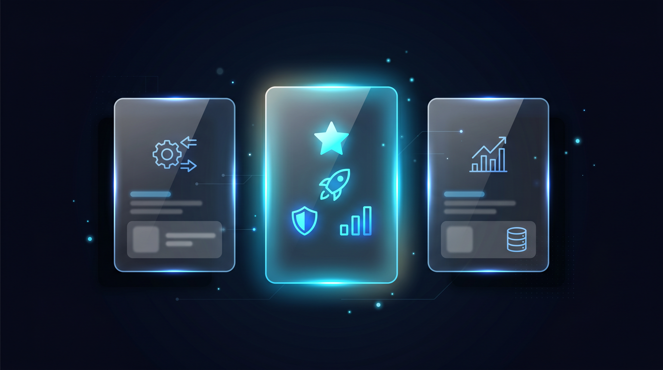 Three glassmorphism product comparison cards on dark navy background highlighting a featured LinkedIn automation tool