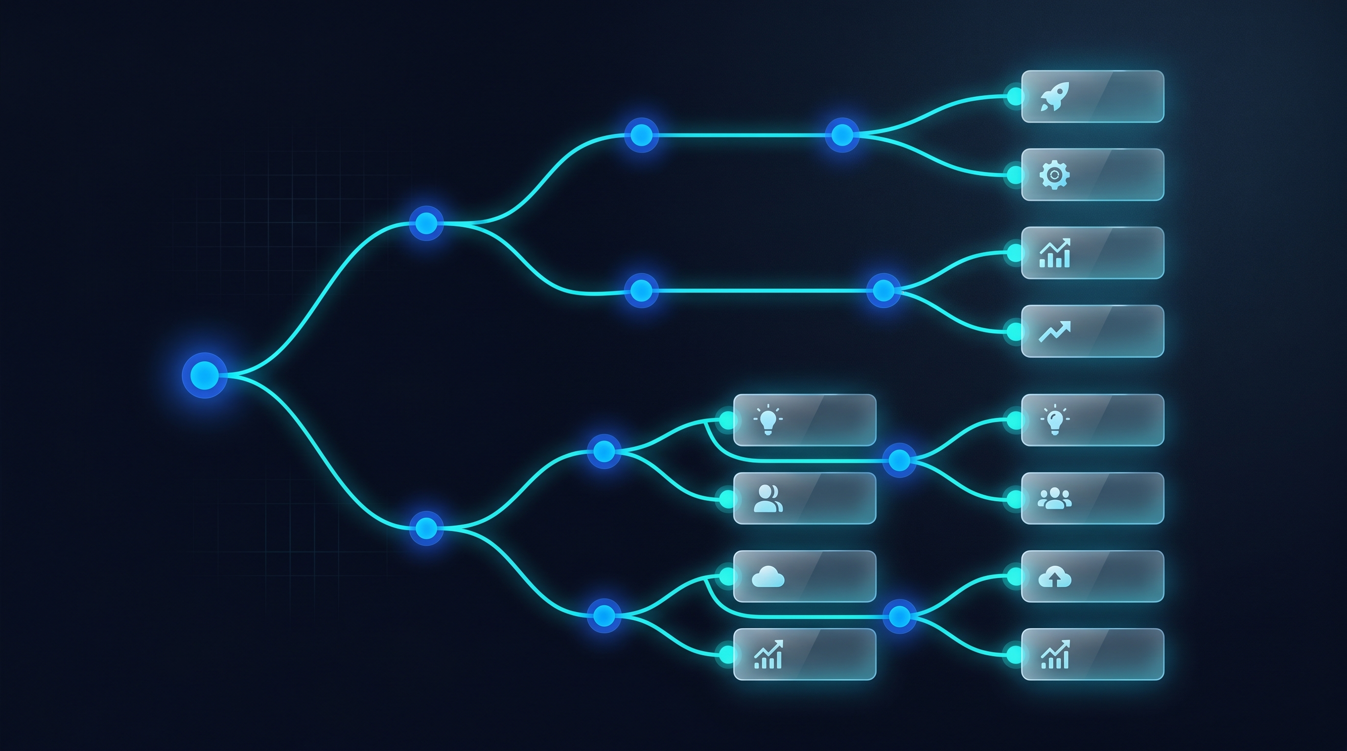 Branching decision tree illustration on dark navy background with electric blue nodes representing LinkedIn tool selection for different founder stages