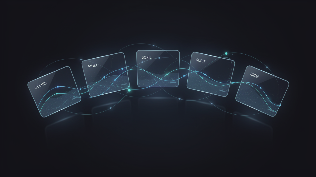 Five glassmorphism evaluation panels on a dark navy background representing criteria for comparing LinkedIn automation tools