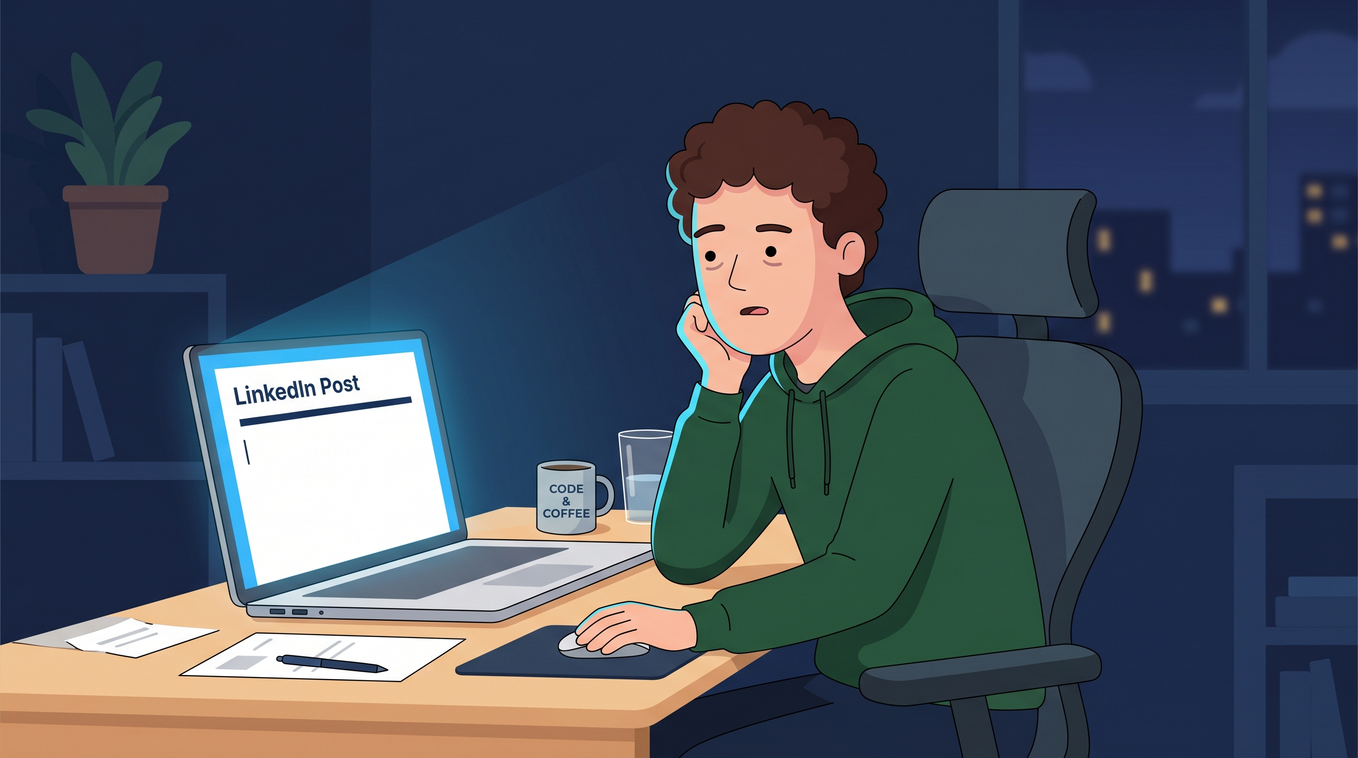 Solo founder staring at a blank LinkedIn post draft — the blank page problem that scheduling tools do not solve