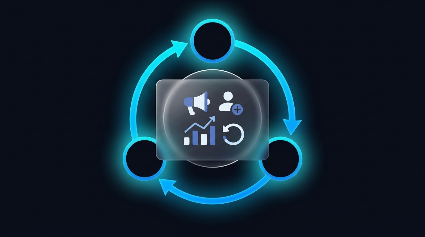 Flat vector illustration of a content growth loop with three glowing electric blue nodes on dark navy background, glassmorphism panel in center