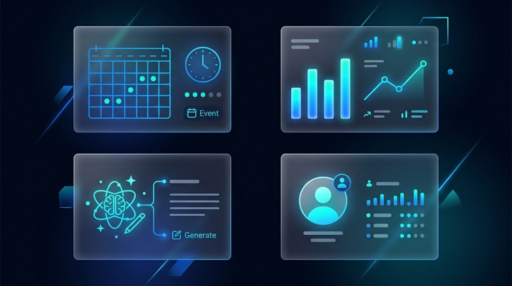 Four glassmorphism UI panels with electric blue icons representing LinkedIn scheduling, AI content, analytics, and profile tools on dark navy background
