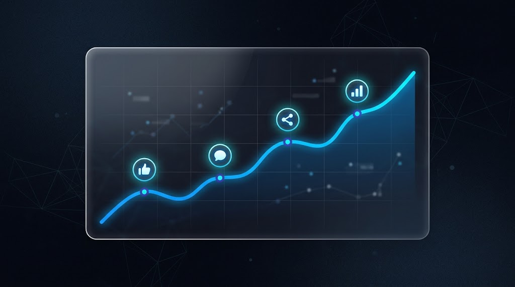 Electric blue upward-trending graph on dark navy background with glassmorphism panel, representing LinkedIn content performance growth