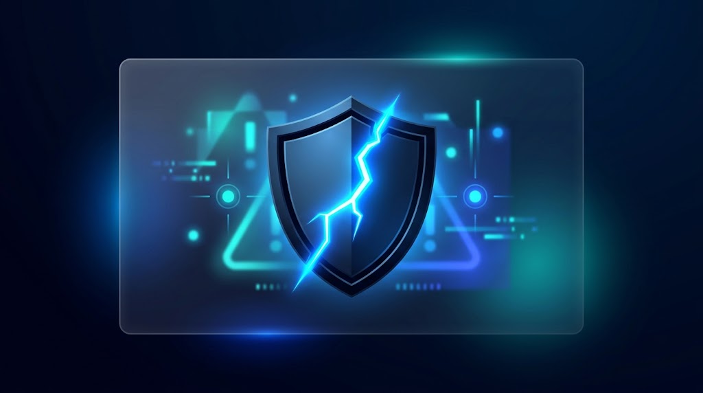 Abstract dark navy shield icon with electric blue crack symbolizing LinkedIn account risk from engagement pod violations