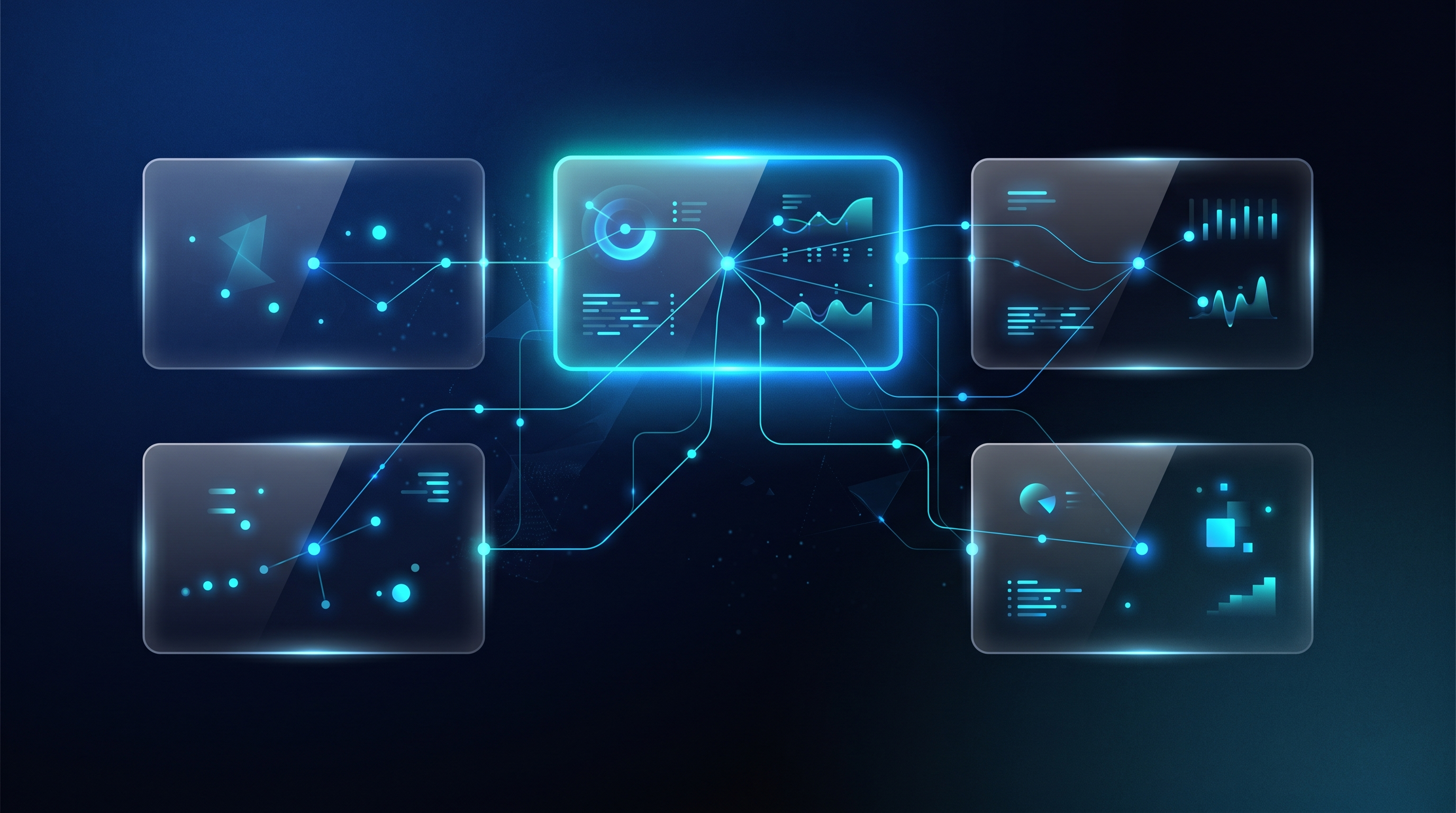 Five glassmorphism UI cards on dark navy background with cyan data connections, representing LinkedIn tool comparison for solopreneurs