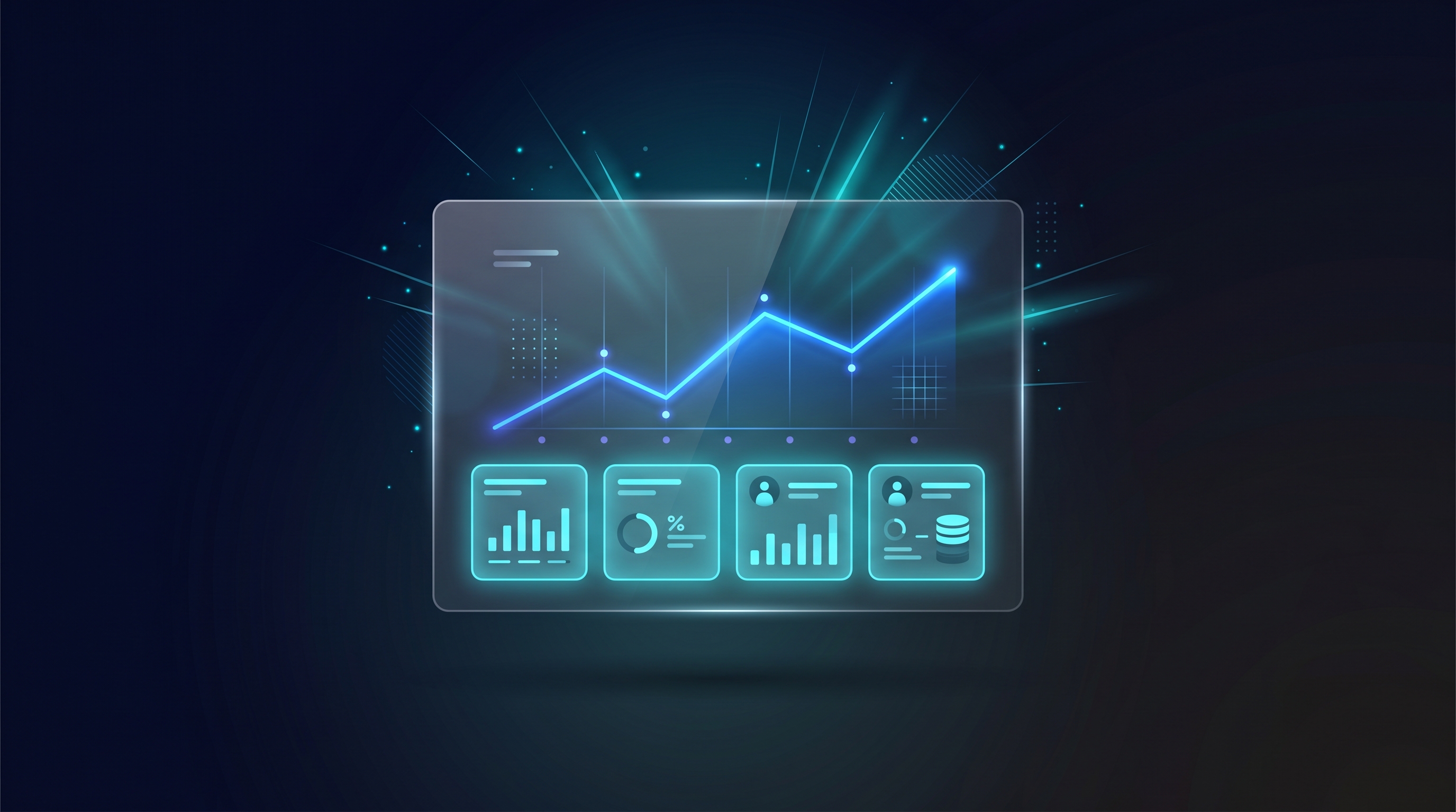 Glassmorphism analytics dashboard on dark navy background with electric blue rising chart and cyan content cards, representing LinkedIn growth loop