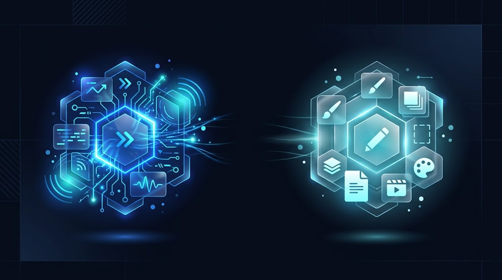 Two disconnected nodes showing the gap between LinkedIn analytics insights and content creation action, dark navy SaaS illustration