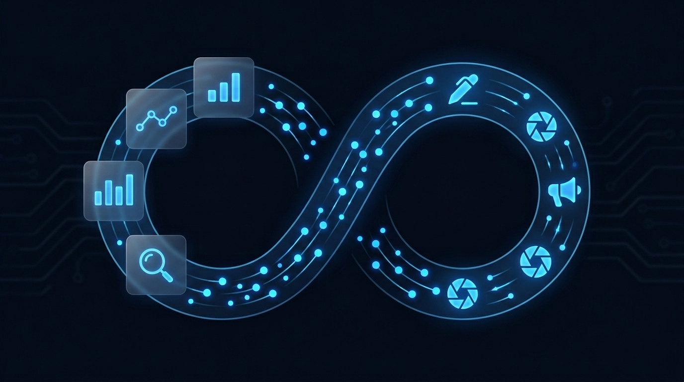 Abstract LinkedIn growth loop visualization showing analytics feeding back into content creation in a continuous electric blue cycle
