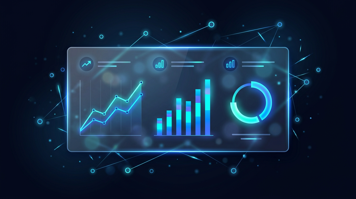 Glassmorphism analytics dashboard illustration on dark navy background with electric blue data charts, representing LinkedIn performance tracking tools
