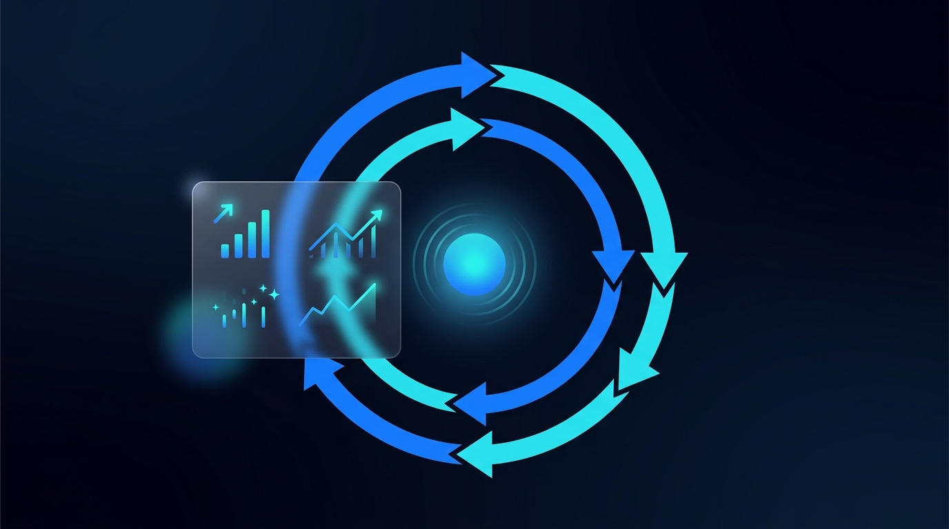 Electric blue growth flywheel illustration on dark navy background, representing a LinkedIn content system that compounds over time for AI founders