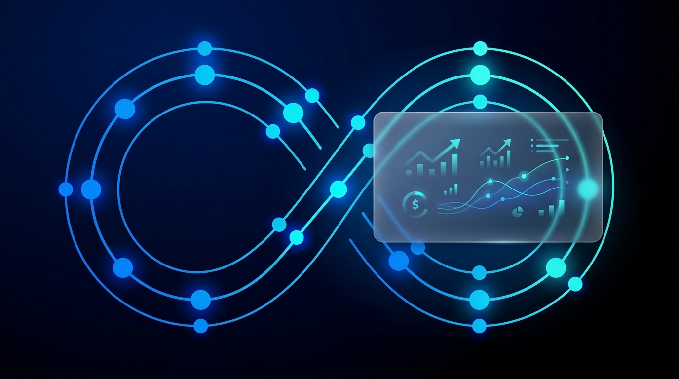 Dark navy illustration of a LinkedIn content feedback loop system with electric blue metrics panel, representing AI-driven post iteration for founders