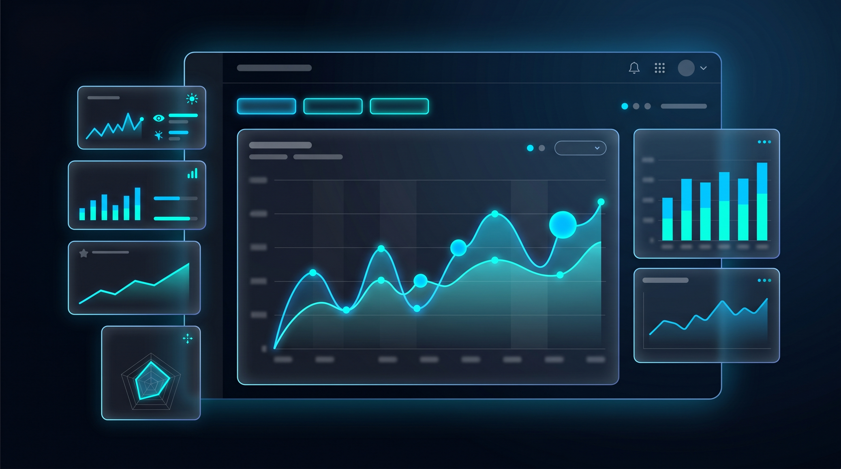 Flat vector illustration of a LinkedIn analytics dashboard with glassmorphism panels and electric blue data charts on dark navy background