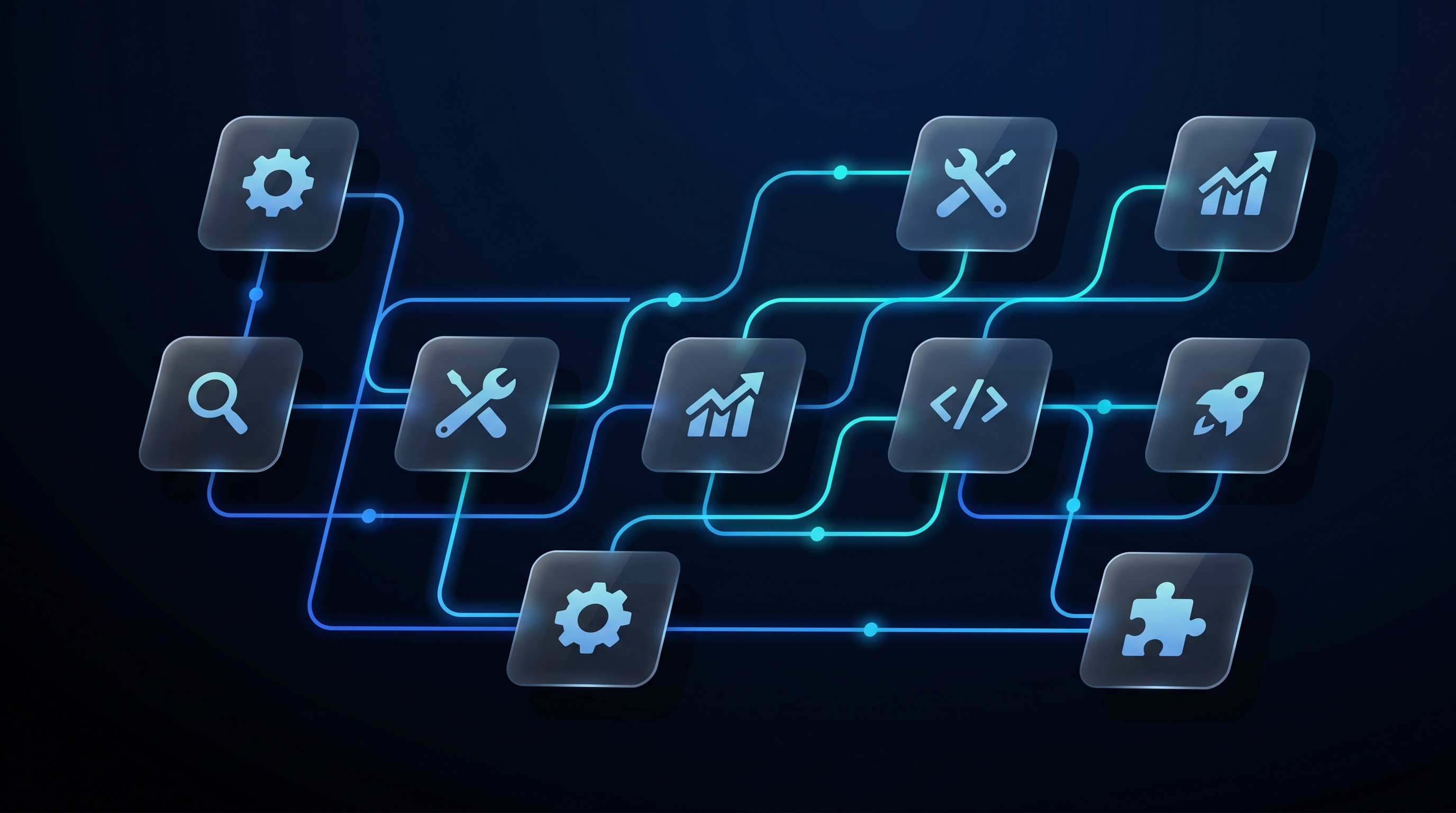 Flat vector illustration of interconnected LinkedIn tool comparison cards with electric blue connection lines on dark navy background