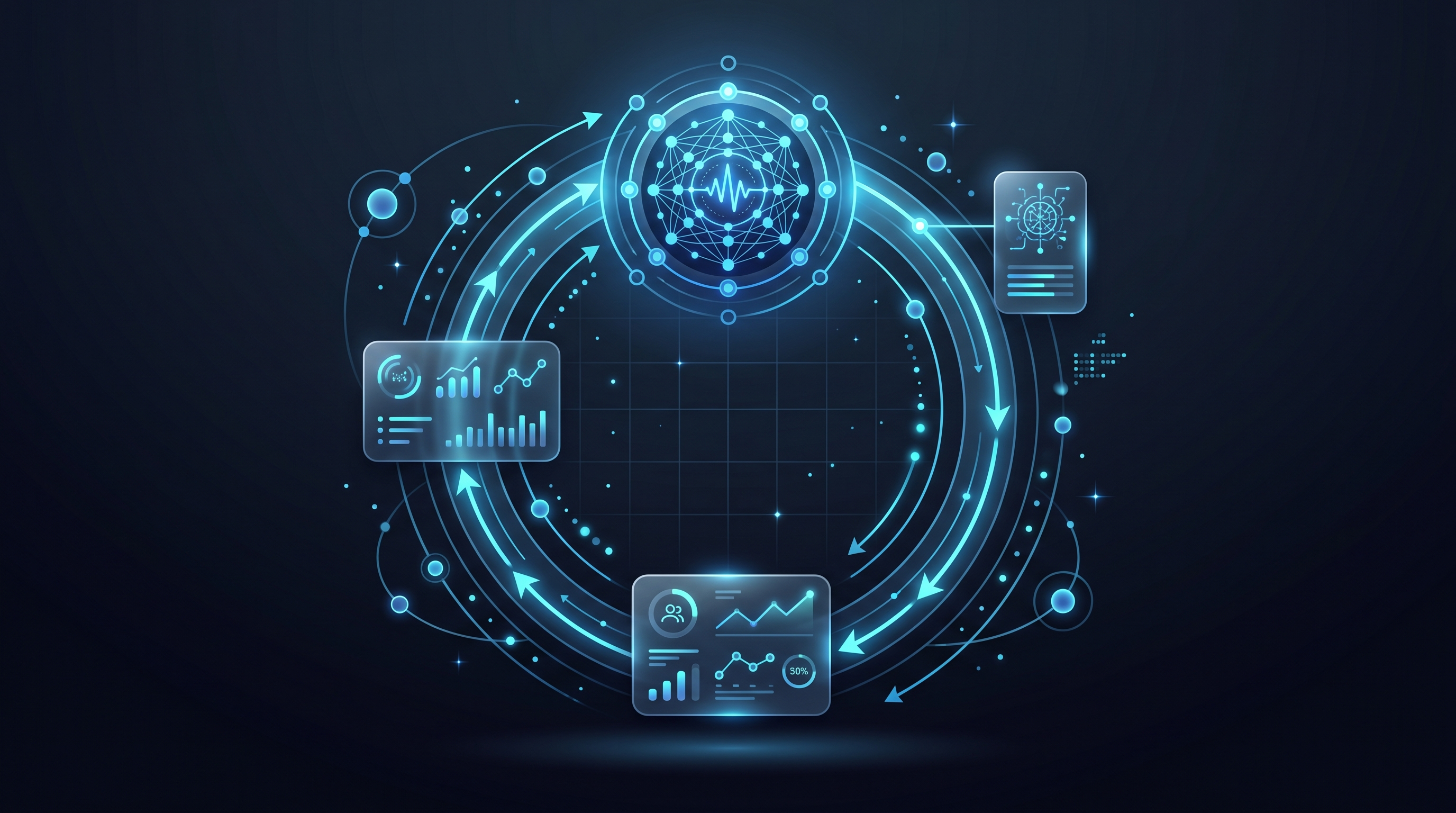 Flat vector illustration of an AI content growth loop with electric blue signals feeding back into a content engine on dark navy background
