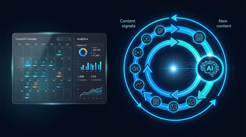 Electric blue growth loop diagram on dark navy background, content signals feeding back into AI generation with glassmorphism analytics panel