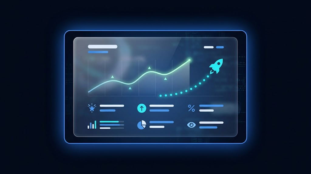 Glassmorphism dashboard card with electric blue glow showing post performance metrics and cyan rocket trajectory on dark navy background