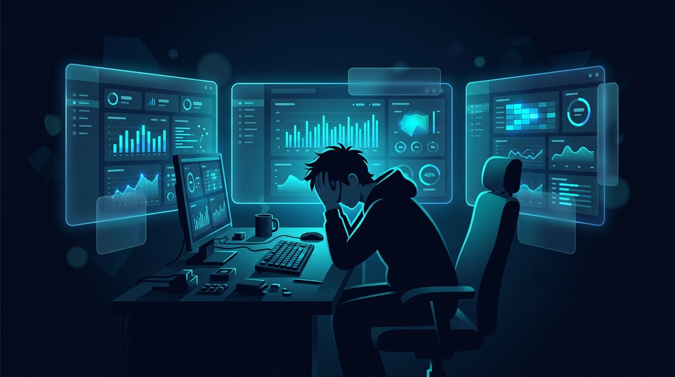 Solo founder at dark desk surrounded by glowing analytics panels, overwhelmed, navy background with electric blue accent lighting